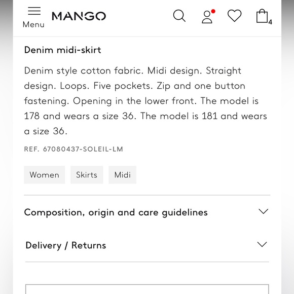 Mango MNG Midi Black Denim Skirt (Front Slit) - SM - Picture 5 of 6